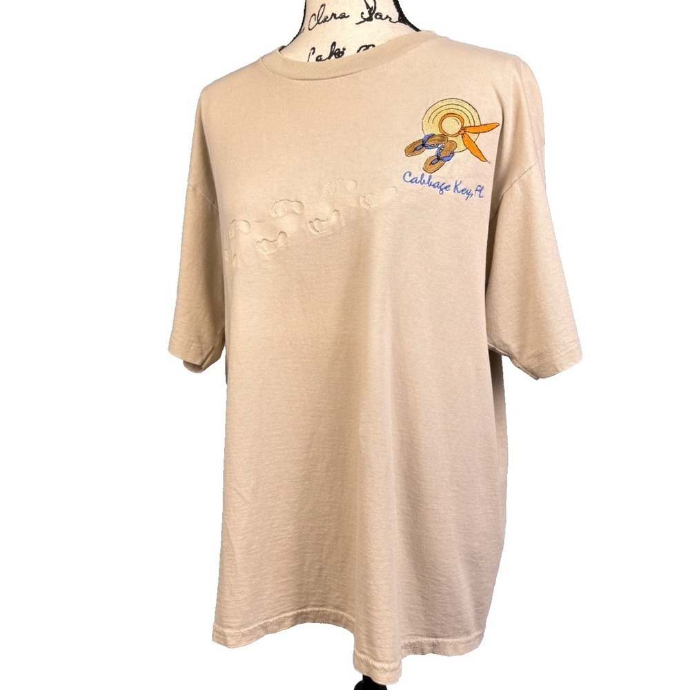 Vtg 90's Cotton T-shirt Cabbage Key FL Embroidered Hat Embossed Footprints Sz XL